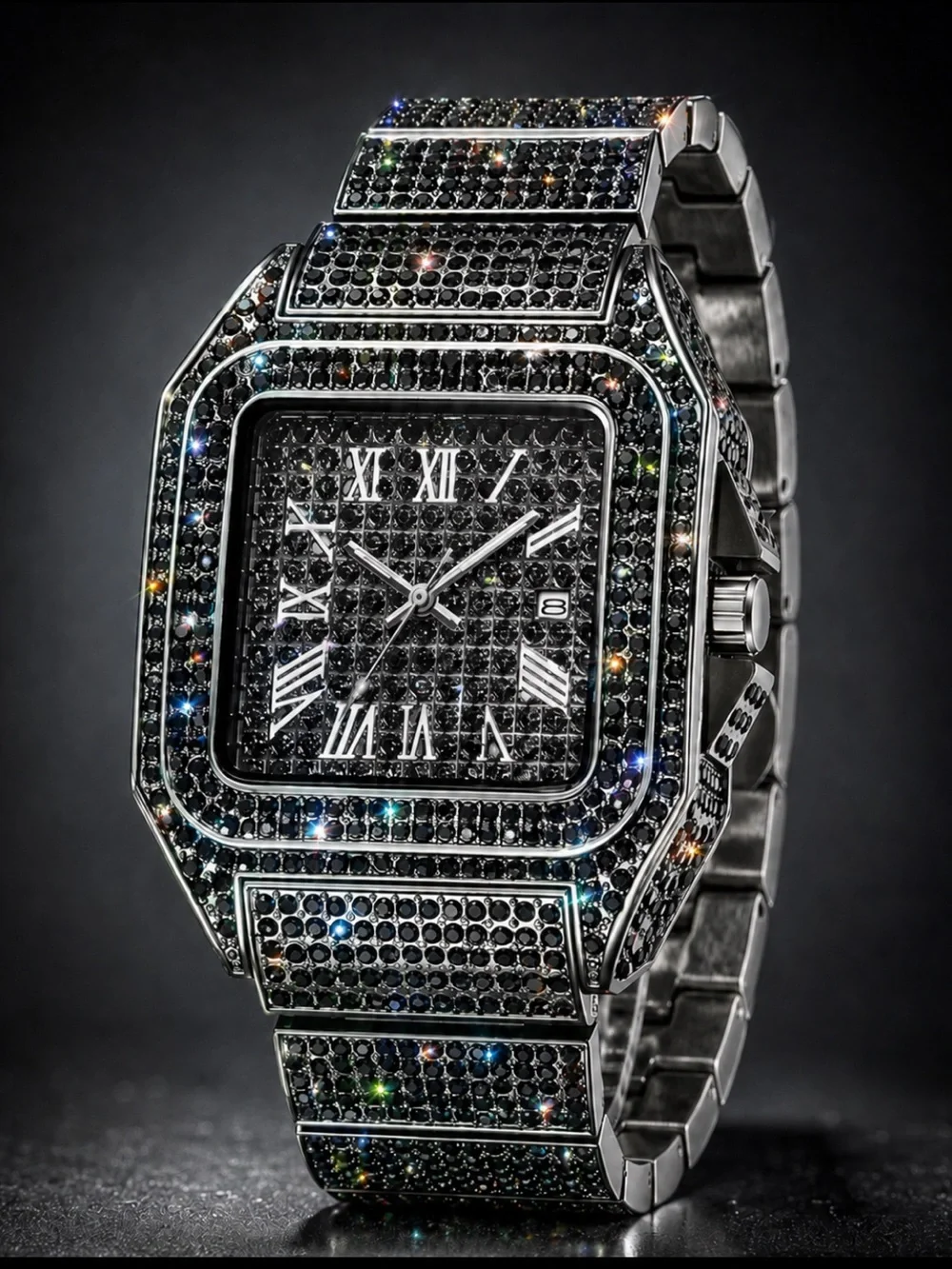 Black Simulated Diamond Bust Down Watch Stainless Steel Iced Out Roman Dial